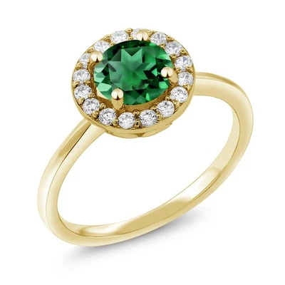 18K Yellow Gold Plated Silver Halo Engagement Ring Nano Emerald Moissanite - Image 1 of 4