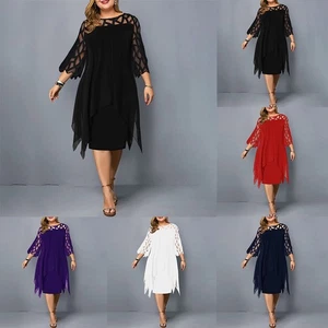 Women's Hollow Out Lace Sleeve Evening Dress Elegant Plus Size Party Dress - Picture 1 of 26