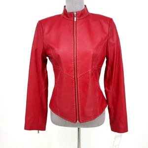 Pamela McCoy Jacket Womens XS Red Leather Full Zip Cuffs Lined Fitted New - Picture 1 of 18
