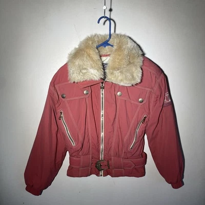Vtg Kaelin Skiing Finesse Pink Puffer Ski Jacket Belted Fur Collar US 8 Medium - Image 1 of 4