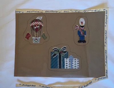 Trio of Christmas ornaments Hand Painted on brown Needlepoint canvas VTG - Image 1 of 4