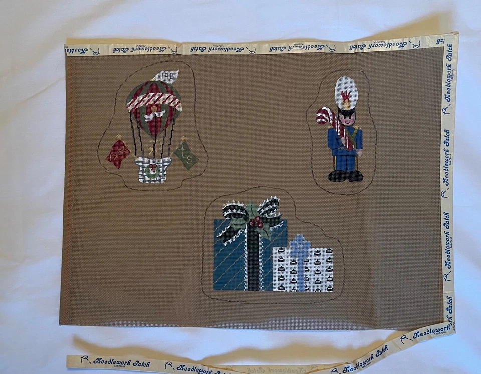 Trio of Christmas ornaments Hand Painted on brown Needlepoint canvas VTG - Image 1 of 4