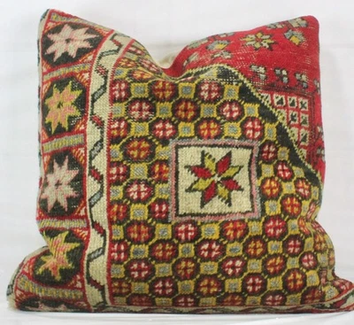 Decorative Handmade Turkish Rug Pillow Cover 20"Black YellowRed Rug Sofa Cushion - Image 1 of 4