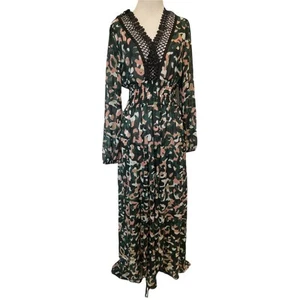 Laurèl by Escada Camo Maxi Dress Women's Size Small Green Pink Smocked Crochet - Picture 1 of 10