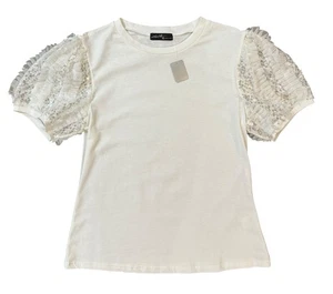 NWT On Twelfth White Puff Sleeve Tulle Shimmer Top Blouse 100%Cotton Size Medium - Picture 1 of 12