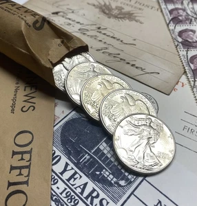 (1) Gemma Bu Walking Liberty mezzo dollaro da rotolo OBW ✯ 90% argento ✯ Unc MS lotto - Foto 1 di 15