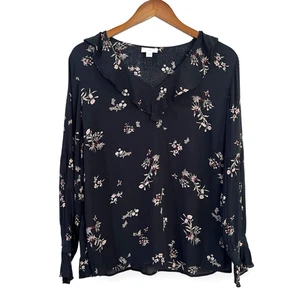 J Jill Top Damen Größe M Bluse Schwarz Crinkle Blumen Langarm Rüschen V-Ausschnitt - Bild 1 von 10