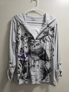 Style & Co Sport Women’s Gray Size P/L Owl Print Rhinestone Hoodie - Picture 1 of 4