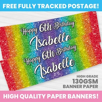 HAPPY HIPPO PARTY SUPPLIES PERSONALISED RAINBOW GLITTER PHOTO BIRTHDAY BANNER ANY NAME PARTY DECORATION