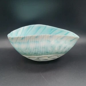 Stunning Yalos Murano Glass Ribbed Shell Dish Bowl 6.75" Blue Teal Seafoam Green - Picture 1 of 12