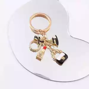 Lipstick Bag Ring Hat Charm Key Ring Chain Keychain Women's Fashion Golden Toned - Picture 1 of 4