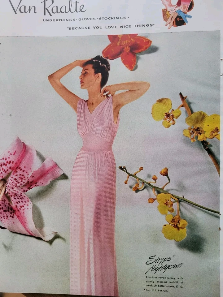1945 Para Mujer Van Raalte Rosa Stryps Camisón Vestido De Colección Lencería Moda Anuncio Foto 1 de 1