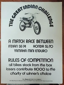 1972 Indian Challenge Race Print Ad Indian SE74 Honda SL70 Yamaha Mini Enduro - Picture 1 of 1