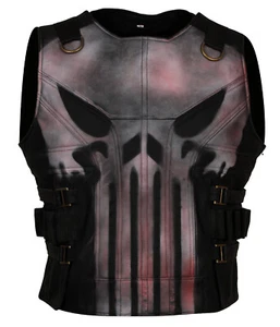 Mens Punisher Season 2 Skull Frank Castle Motorcycle Black Leather Vest Costume - Picture 1 of 5