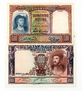 Set Di 2 Diverso Spagna 1000 Pes. 1925 P-70c & 500 Pes. 1931 P-84 Simpatica VF - Picture 1 of 2