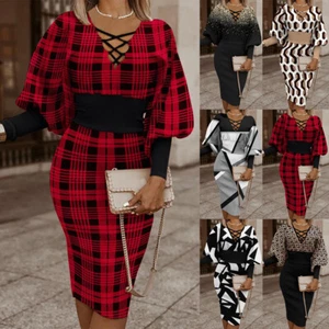 Womens Christmas Xmas Check Plaid Bodycon Midi Dress Ladies Casual Party Gowns - Picture 1 of 27
