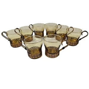 8 Libbey Continental Amber Glass Cups Vintage Metal Handle Mugs Greek Key Set - Picture 1 of 13