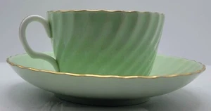 MINTON China/England Flat Coffee/Tea Cup & Saucer 1 Set Green Gold Shell Swirl - Picture 1 of 19