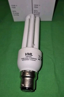 4 x 15W (=75W) VML Energy Saving Light Bulb BC Stick Light Bulbs - Image 1 of 4