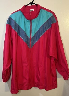 Chaqueta Funky Vintage Años 80 Pop Of Hot Pink, Verde azulado Para Mujer Talla Grande 2X Cortavientos Foto 1 de 4