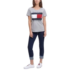 Tommy Hilfiger Stone Grey Gray Heather Cotton Logo T-Shirt Women's Size Large L - Picture 1 of 14