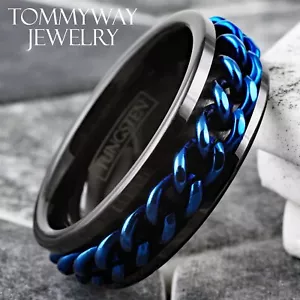 8mm Men's Black Tungsten Blue Cuban Chain Anxiety Spinner Wedding Band Ring - Picture 1 of 12