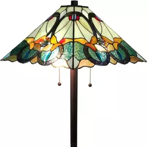 Tiffany Style Floor Lamp Mission Standing 63" Tall Stained Glass Yellow Green Br - Picture 1 of 4
