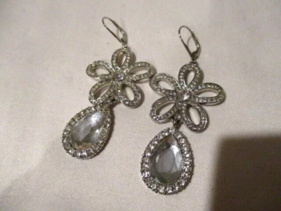 AVON "Kenneth Jay Lane" Crystal Floral Earrings Silvertone Leverback 2 3/4" L - Image 1 of 4