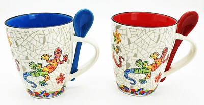 Keramik Kaffeebecher mit Löffel Motiv Geckos Kaffeetasse Tasse Becher Mug - Bild 1 von 2