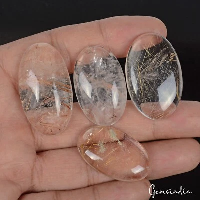 4 Pcs Amazing Quality Natural Rutile Quartz Oval Cab Loose Gemstones Lot 33-39mm - Image 1 of 4