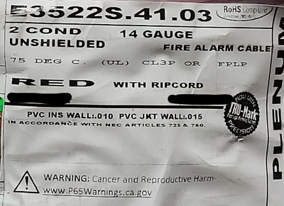 Carol E3522S 14/2C Solid Plenum Fire Alarm/Communication Cable FPLP Red /100ft - Image 1 of 4