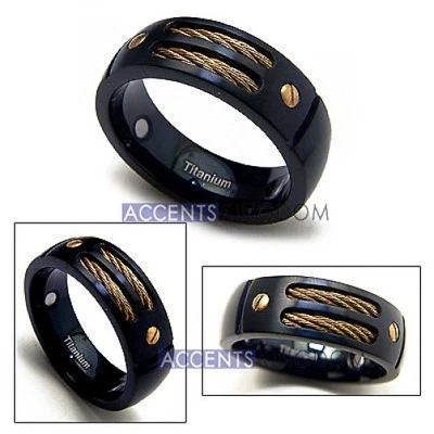 8MM Men's Gun Metal Black Titanium Magnetic Gold Cable Ring Size 8-12 - Image 1 of 3