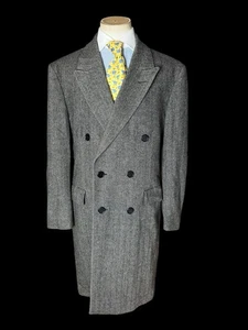 Vintage Men’s Double Breasted Herringbone Overcoat 42R Black White Wool Mix - Picture 1 of 12