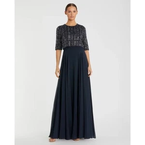 Neu mit Etikett Mac Duggal blaues Chiffonkleid mit vollständig perlenbesetztem 3/4-Ärmel-Top - Größe 6 - Bild 1 von 10