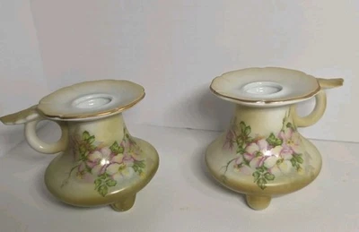 Vintage Nippon Hand Painted Wild Rose Candlestick Candle Holder Set of 2 - Image 1 of 4