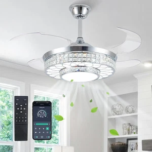 42" Retractable Ceiling Fans with Lights, Crystal Chandelier Ceiling Fan with Re - Picture 1 of 12