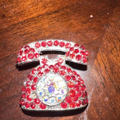 Retro Telephone Brooch Rhinestone Pin Red Rotary Dial Vintage Style Phone - Image 1 of 4
