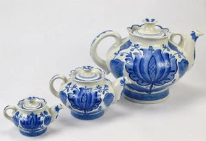 Vintage Russian Russia Gzhel Porzellan 3 Teekanne Set blau weiß Blumen - Bild 1 von 12
