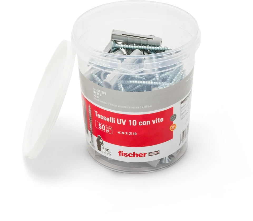 Fischer UV 10 S Secchiello Con 50 Tasselli Con Vite Misura 10 x50 mm 50 Tasselli - Immagine 1 di 1