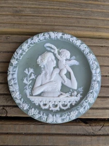 Wedgwood Jasper Ware Lady & Cherub Wall Plaque White on Sage Green - Picture 1 of 7