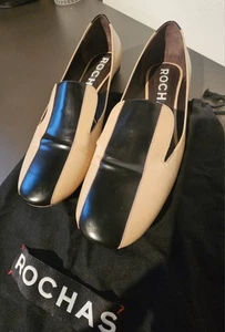 VINTAGE Rochas Loafer EUC camel beige Black Stripe 39.5 Leather Made In ITALY - Picture 1 of 6