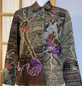 Vtg Women’s Floral Embroidery Appliqué Jacket M Beige Sequins Cottagecore Boho - Picture 1 of 17