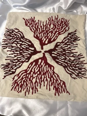 NEW Pottery Barn Coral Reef Pillow Cover Red Embroidered Applique 20” X 20” - Image 1 of 4