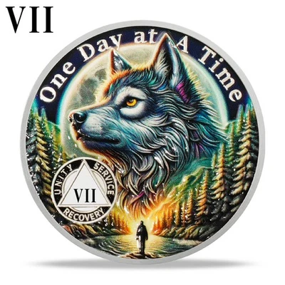 Sober Wolf Sobriety Coin 7 Year AA Chip Medallion Sobriety Gifts for Anniversary - Image 1 of 4