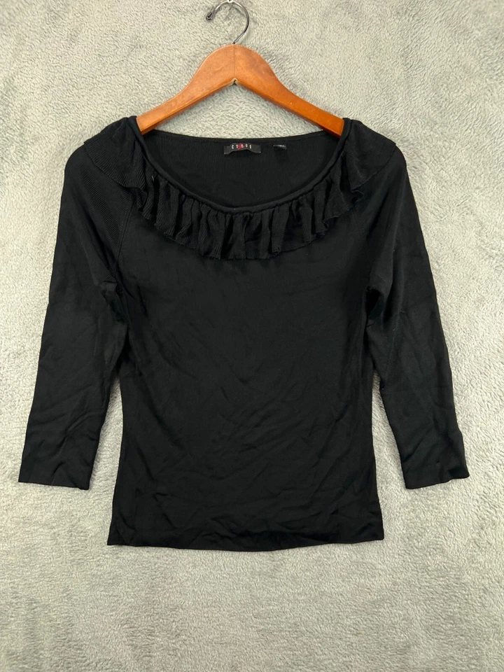 Blusa Cyrus Mujer Pequeña Prendas para el torso Negra Nylon Cuello con Volantes Manga 3/4 Damas Foto 1 de 4