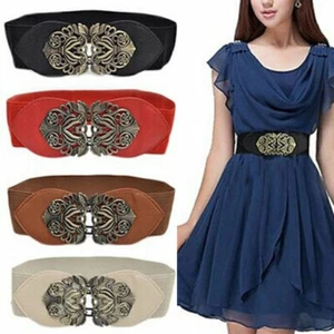 Women Ladies Wide Wasit Belt Vintage Elastic Stretch Dress with Buckle Waistband - Picture 1 of 17