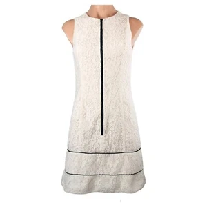 Cue A-Line Zip Front Dress Size AU 6 Lace Black Velvet Trim Sleeveless Off-White - Picture 1 of 15