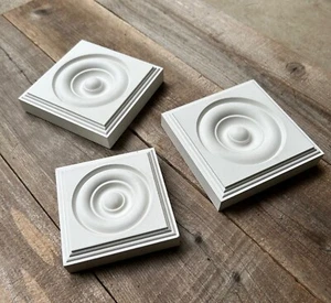 Architectural White Wood Molding Rosette Square Window/Door, one 4.5" + two 5.5" - Picture 1 of 11