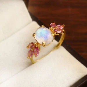 Natural Moonstone & Pink Tourmaline Ring, 925 Sterling Silver Gold Plating Ring - Picture 1 of 4