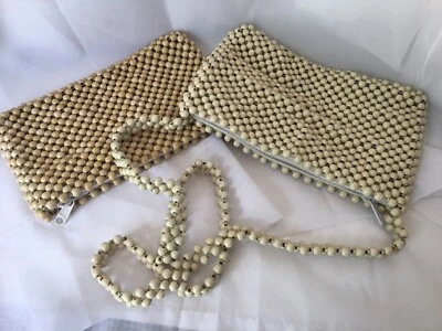 Lote 2 Clutch y Monedero Marfil Beige Madera Malla Cuentas Cierre con Cremallera Boho Mod Hippy Foto 1 de 4